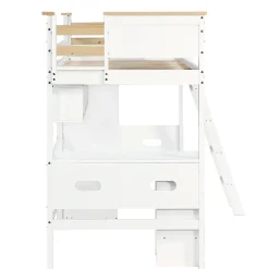 Lit Mezzanine enfant 90x200 cm Bois avec Bureau, Échelle à Niveaux, Protection Anti-Chute, Rangement, Blanc/Naturel, Sans Matelas