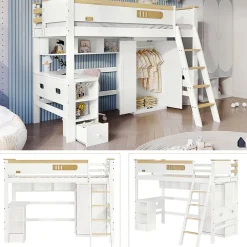Lit Mezzanine enfant 90x200 cm Bois avec Bureau, Échelle à Niveaux, Protection Anti-Chute, Rangement, Blanc/Naturel, Sans Matelas