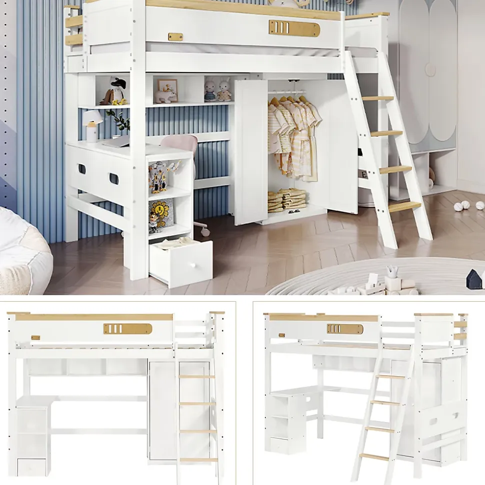 Lit Mezzanine enfant 90x200 cm Bois avec Bureau, Échelle à Niveaux, Protection Anti-Chute, Rangement, Blanc/Naturel, Sans Matelas