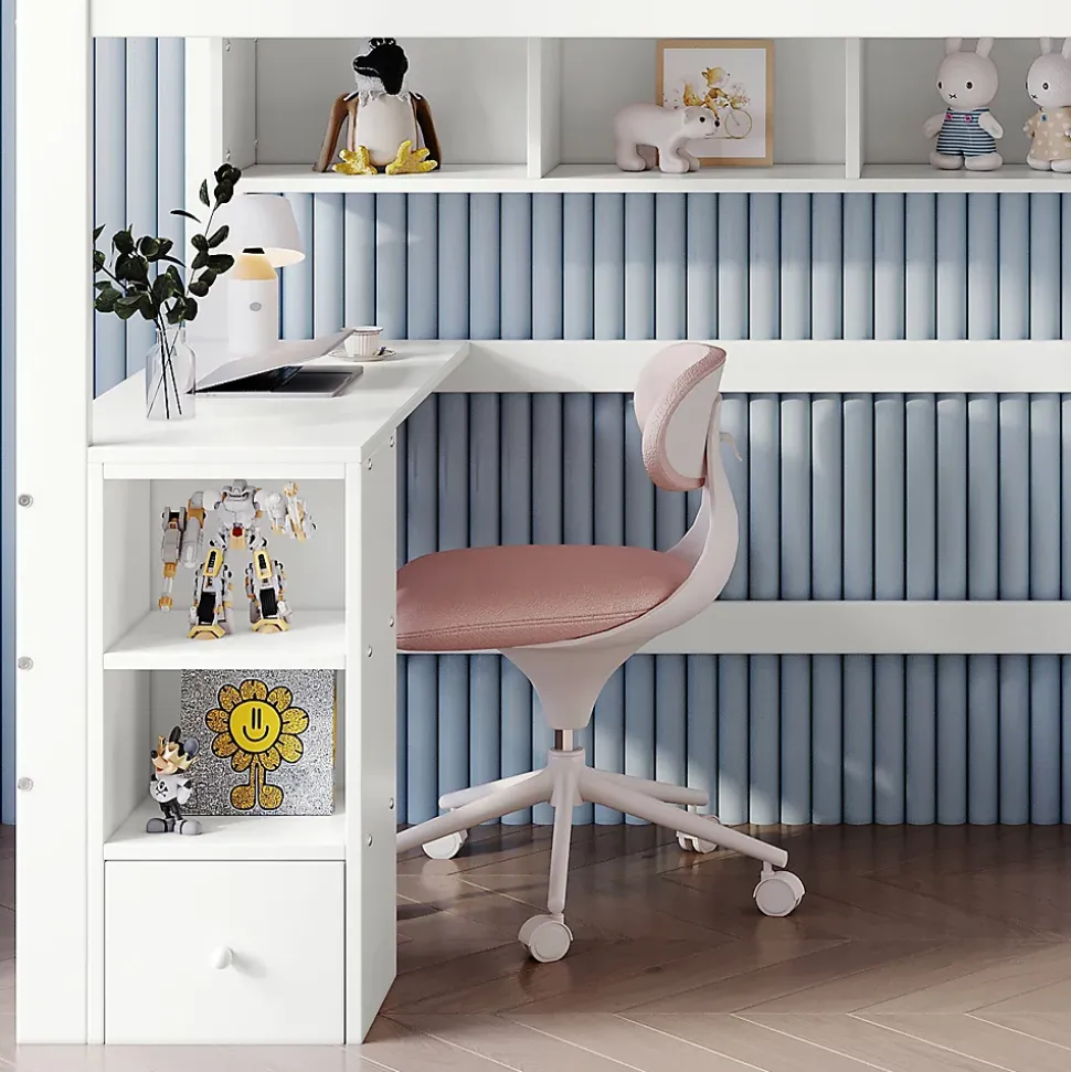 Lit Mezzanine enfant 90x200 cm Bois avec Bureau, Échelle à Niveaux, Protection Anti-Chute, Rangement, Blanc/Naturel, Sans Matelas