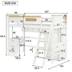 Lit Mezzanine enfant 90x200 cm Bois avec Bureau, Échelle à Niveaux, Protection Anti-Chute, Rangement, Blanc/Naturel, Sans Matelas