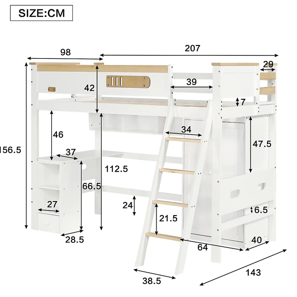 Lit Mezzanine enfant 90x200 cm Bois avec Bureau, Échelle à Niveaux, Protection Anti-Chute, Rangement, Blanc/Naturel, Sans Matelas