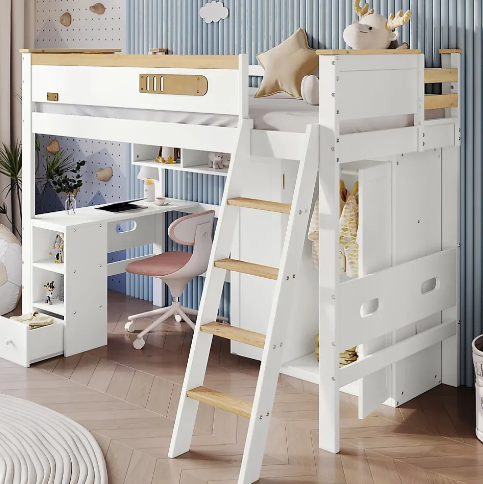 Lit Mezzanine enfant 90x200 cm Bois avec Bureau, Échelle à Niveaux, Protection Anti-Chute, Rangement, Blanc/Naturel, Sans Matelas