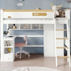 Lit Mezzanine enfant 90x200 cm Bois avec Bureau, Échelle à Niveaux, Protection Anti-Chute, Rangement, Blanc/Naturel, Sans Matelas
