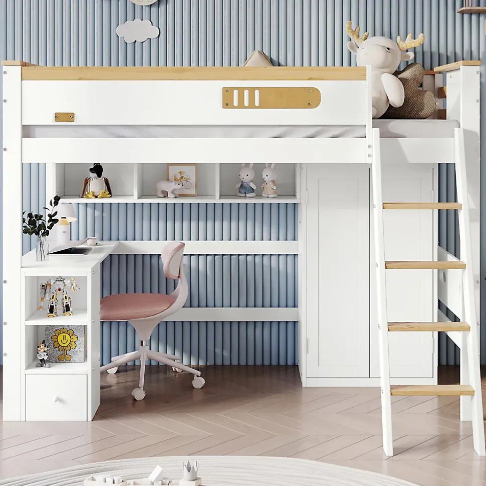 Lit Mezzanine enfant 90x200 cm Bois avec Bureau, Échelle à Niveaux, Protection Anti-Chute, Rangement, Blanc/Naturel, Sans Matelas