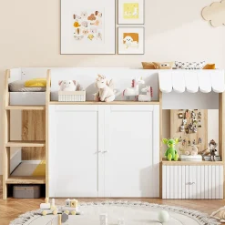 Lit Mezzanine enfant 90x200 cm avec Échelle et Rangement Ouvert - Bois Massif Naturel et Blanc, Sans Matelas