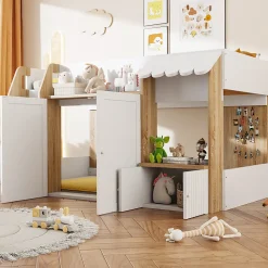 Lit Mezzanine enfant 90x200 cm avec Échelle et Rangement Ouvert - Bois Massif Naturel et Blanc, Sans Matelas