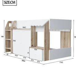 Lit Mezzanine enfant 90x200 cm avec Échelle et Rangement Ouvert - Bois Massif Naturel et Blanc, Sans Matelas