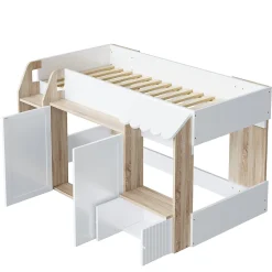 Lit Mezzanine enfant 90x200 cm avec Échelle et Rangement Ouvert - Bois Massif Naturel et Blanc, Sans Matelas