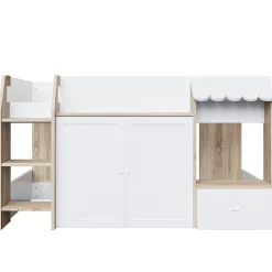 Lit Mezzanine enfant 90x200 cm avec Échelle et Rangement Ouvert - Bois Massif Naturel et Blanc, Sans Matelas