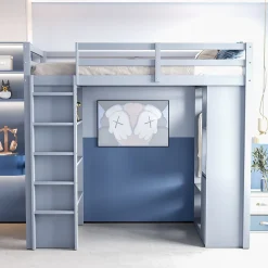 Lit Mezzanine enfant 90x200 cm en Bois Gris avec Étagères, Porte-Vêtements & Chariot de Rangement Amovible - Multifonction - Gris