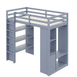 Lit Mezzanine enfant 90x200 cm en Bois Gris avec Étagères, Porte-Vêtements & Chariot de Rangement Amovible - Multifonction - Gris