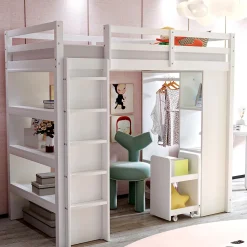 Lit Mezzanine enfant 90x200 cm en Bois avec Étagères, Porte-Vêtements & Chariot de Rangement Amovible - Multifonction - Blanc