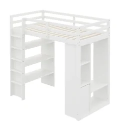 Lit Mezzanine enfant 90x200 cm en Bois avec Étagères, Porte-Vêtements & Chariot de Rangement Amovible - Multifonction - Blanc
