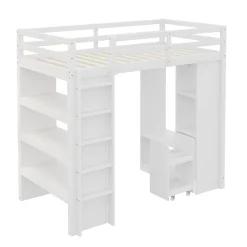 Lit Mezzanine enfant 90x200 cm en Bois avec Étagères, Porte-Vêtements & Chariot de Rangement Amovible - Multifonction - Blanc