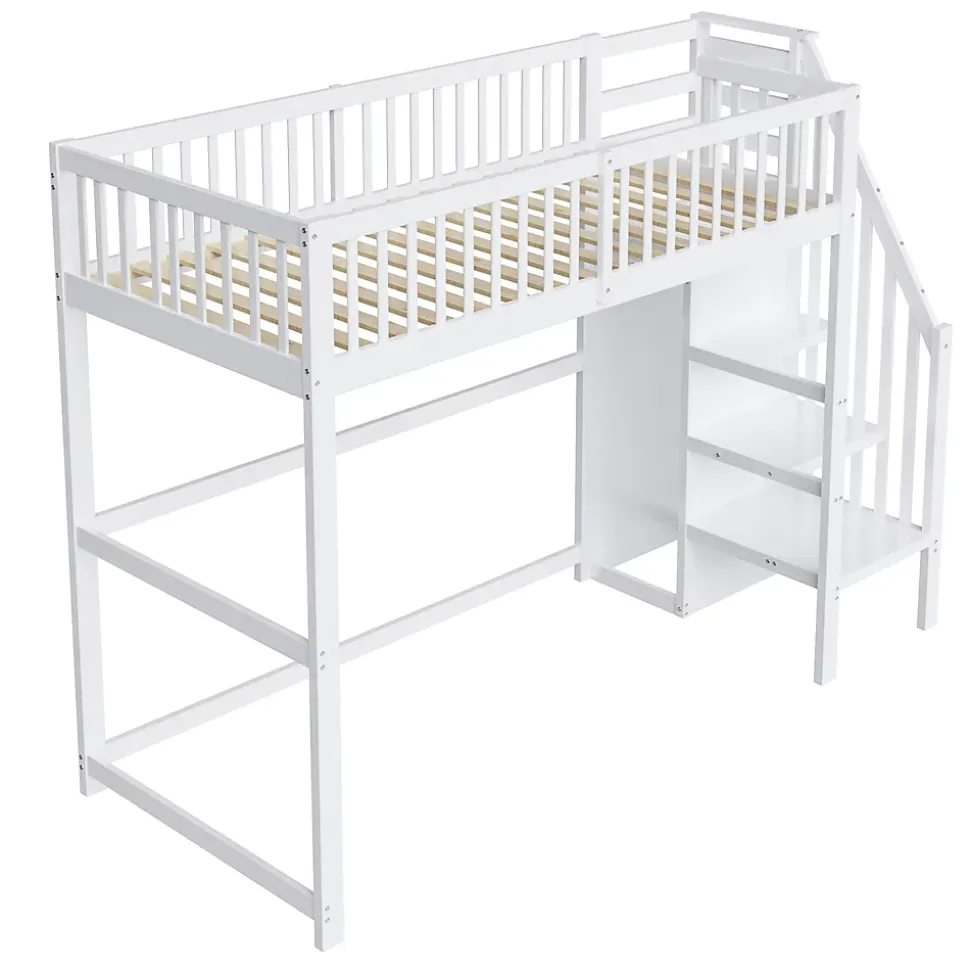 Lit Mezzanine enfant 90x200 cm avec Rangement, Escalier et Petit Dressing Intégré, Multifonction pour Chambre Ado, Blanc