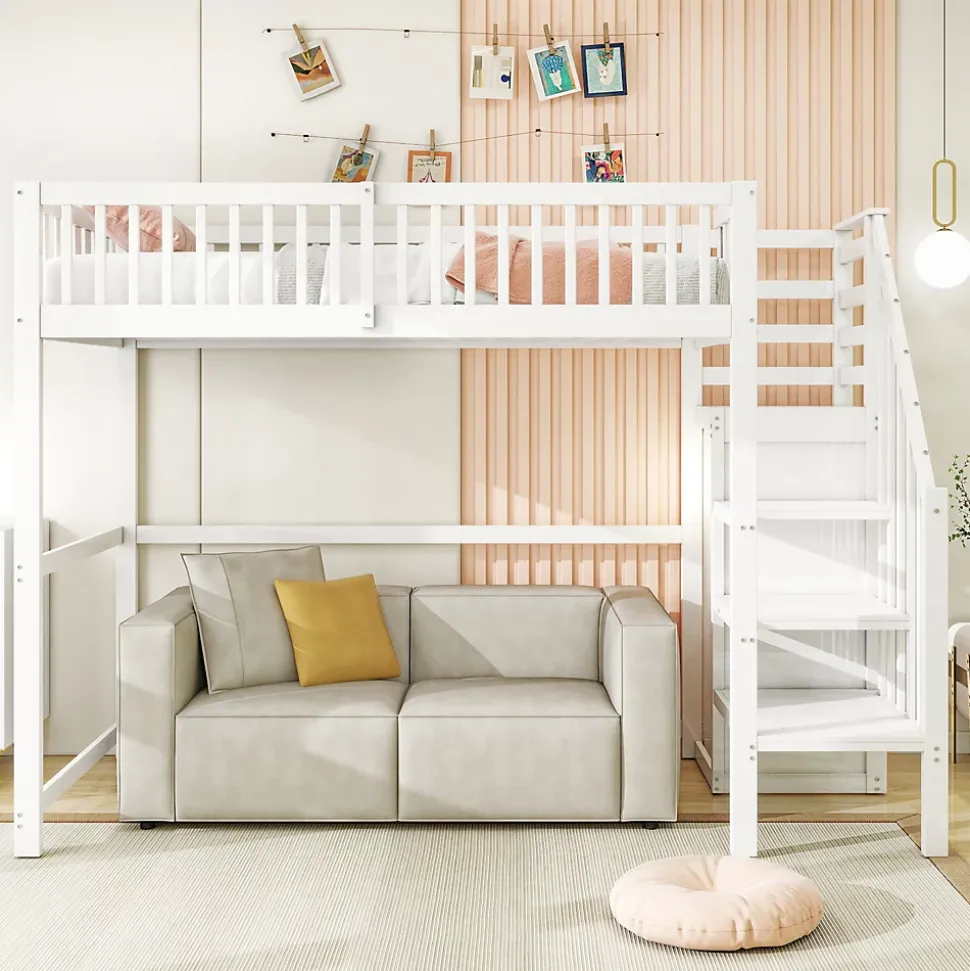 Lit Mezzanine enfant 90x200 cm avec Rangement, Escalier et Petit Dressing Intégré, Multifonction pour Chambre Ado, Blanc