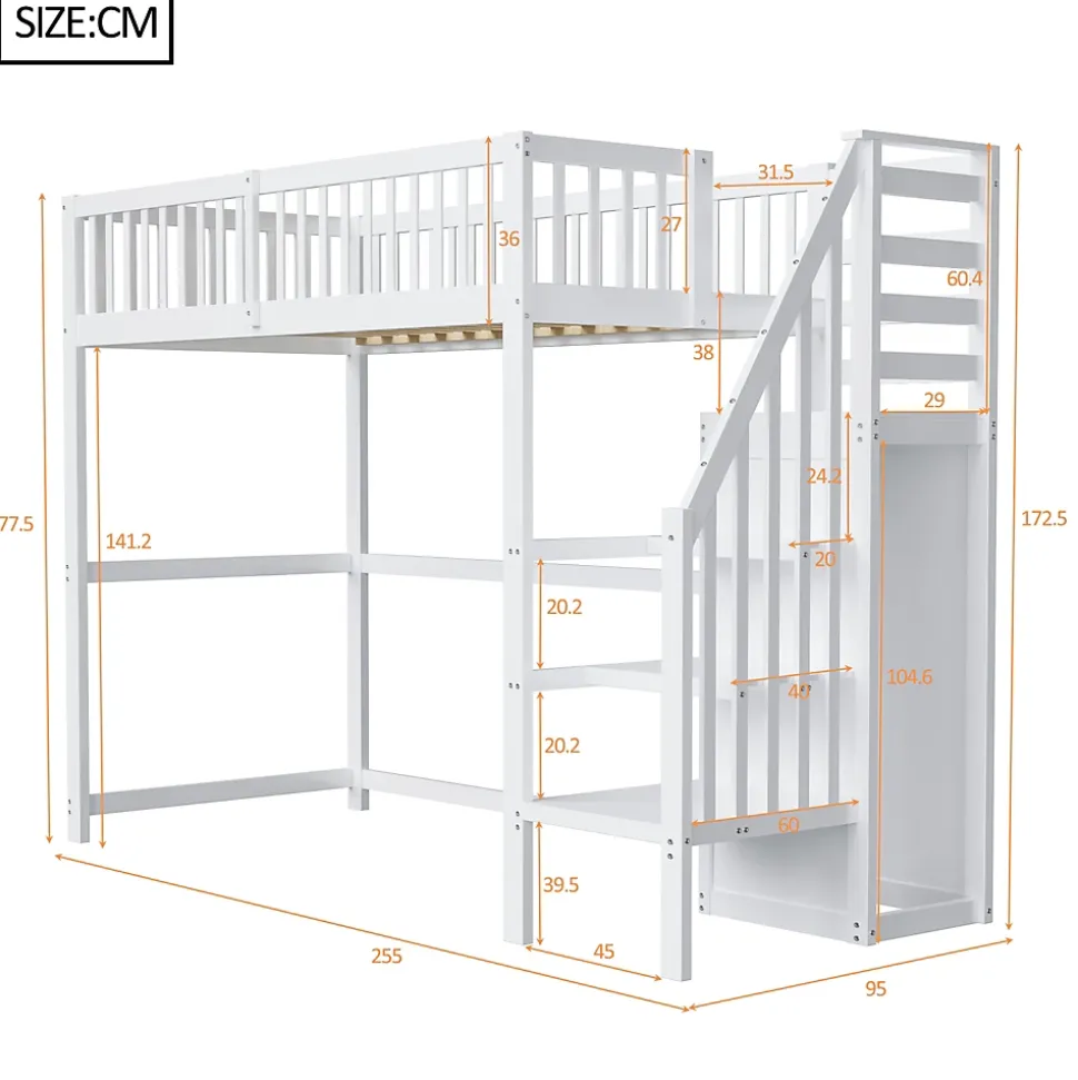 Lit Mezzanine enfant 90x200 cm avec Rangement, Escalier et Petit Dressing Intégré, Multifonction pour Chambre Ado, Blanc