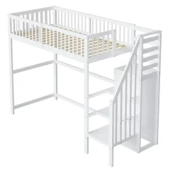 Lit Mezzanine enfant 90x200 cm avec Rangement, Escalier et Petit Dressing Intégré, Multifonction pour Chambre Ado, Blanc