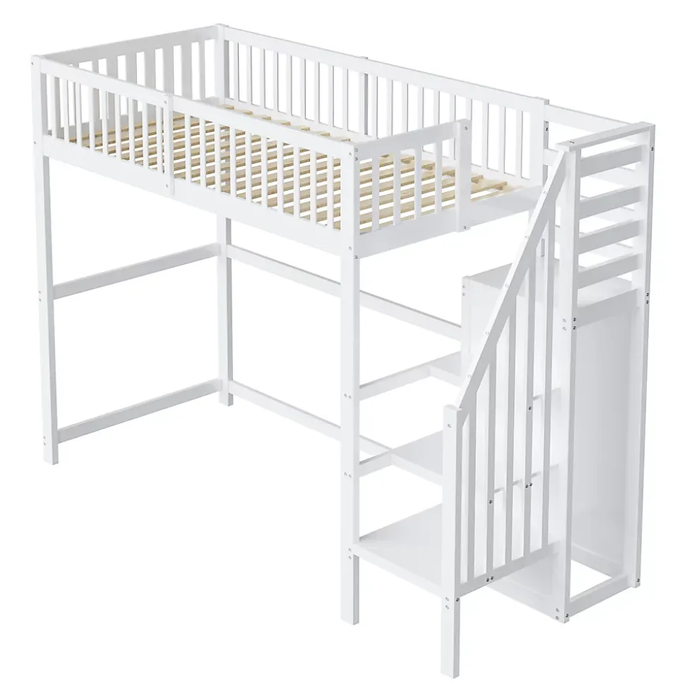 Lit Mezzanine enfant 90x200 cm avec Rangement, Escalier et Petit Dressing Intégré, Multifonction pour Chambre Ado, Blanc