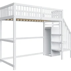 Lit Mezzanine enfant 90x200 cm avec Rangement, Escalier et Petit Dressing Intégré, Multifonction pour Chambre Ado, Blanc