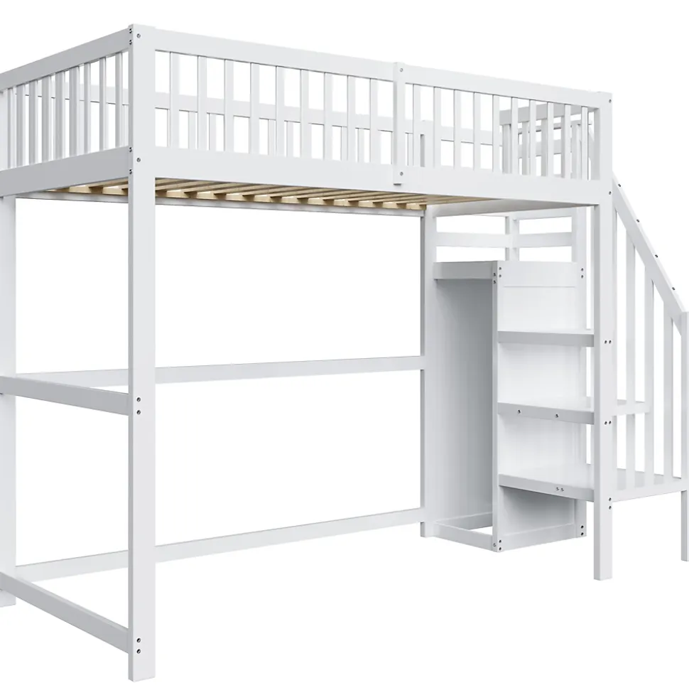 Lit Mezzanine enfant 90x200 cm avec Rangement, Escalier et Petit Dressing Intégré, Multifonction pour Chambre Ado, Blanc