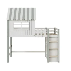 Lit Mezzanine enfant 90x200 cm - Lit Cabane avec Échelle de Sécurité, Rangement Intégré, Bois Massif MDF, Vert, Sans Matelas