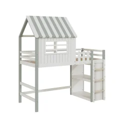 Lit Mezzanine enfant 90x200 cm - Lit Cabane avec Échelle de Sécurité, Rangement Intégré, Bois Massif MDF, Vert, Sans Matelas