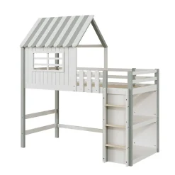 Lit Mezzanine enfant 90x200 cm - Lit Cabane avec Échelle de Sécurité, Rangement Intégré, Bois Massif MDF, Vert, Sans Matelas