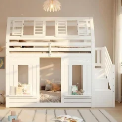 Lit mezzanine enfant 90x200cm avec LED - Barrières de sécurité et échelle de rangement - MDF + Bois massif - Blanc (sans matelas)