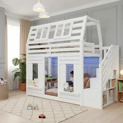 Lit mezzanine enfant 90x200cm avec LED - Barrières de sécurité et échelle de rangement - MDF + Bois massif - Blanc (sans matelas)