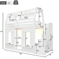 Lit mezzanine enfant 90x200cm avec LED - Barrières de sécurité et échelle de rangement - MDF + Bois massif - Blanc (sans matelas)
