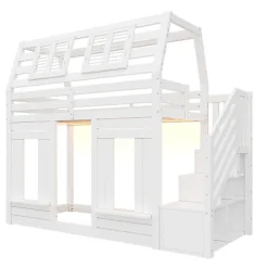 Lit mezzanine enfant 90x200cm avec LED - Barrières de sécurité et échelle de rangement - MDF + Bois massif - Blanc (sans matelas)