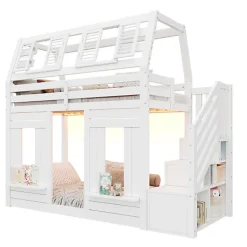 Lit mezzanine enfant 90x200cm avec LED - Barrières de sécurité et échelle de rangement - MDF + Bois massif - Blanc (sans matelas)
