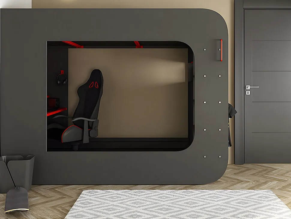 Lit mezzanine gamer 90 x 200 cm - Avec bureau et rangements - Avec LEDs - Anthracite et rouge - WARRIOR