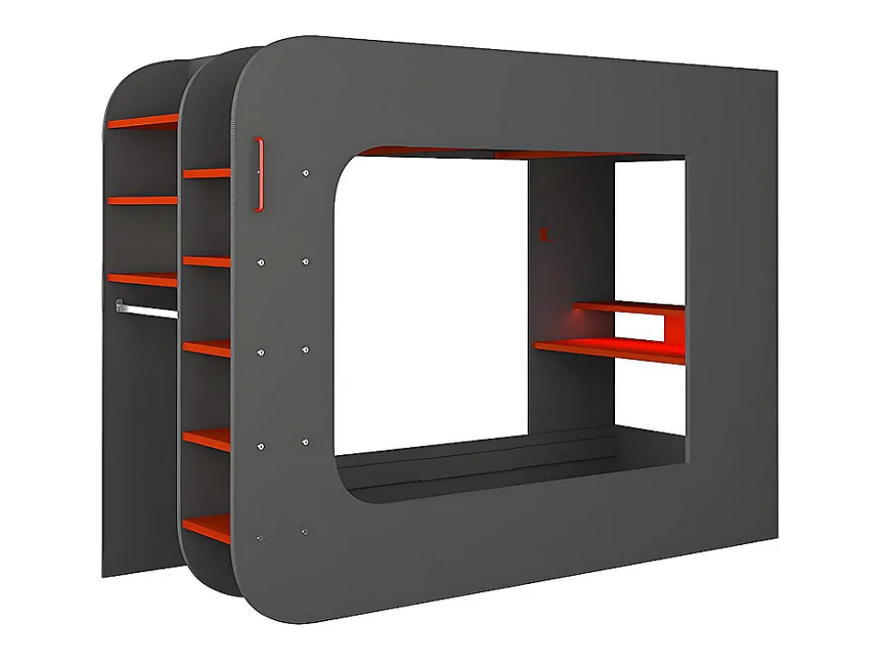Lit mezzanine gamer 90 x 200 cm - Avec bureau et rangements - Avec LEDs - Anthracite et rouge - WARRIOR