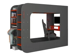 Lit mezzanine gamer 90 x 200 cm - Avec bureau et rangements - Avec LEDs - Anthracite et rouge - WARRIOR