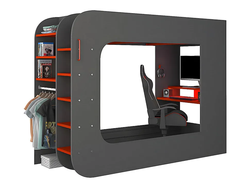 Lit mezzanine gamer 90 x 200 cm - Avec bureau et rangements - Avec LEDs - Anthracite et rouge - WARRIOR