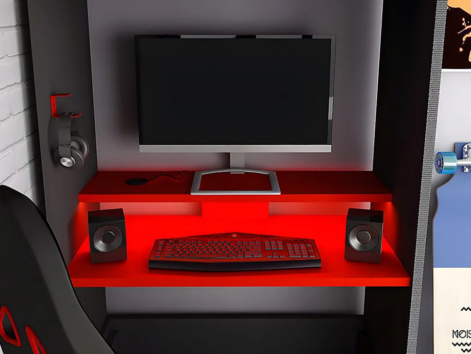 Lit mezzanine gamer 90 x 200 cm - Avec bureau et rangements - Avec LEDs - Anthracite et rouge - WARRIOR