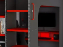 Lit mezzanine gamer 90 x 200 cm - Avec bureau et rangements - Avec LEDs - Anthracite et rouge - WARRIOR
