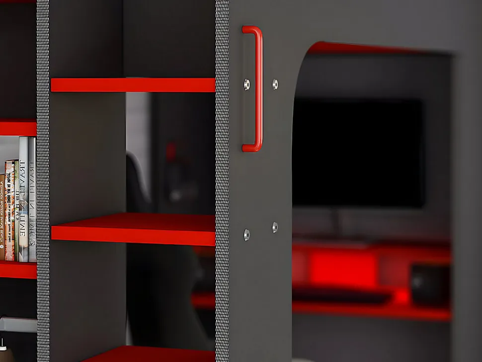 Lit mezzanine gamer 90 x 200 cm - Avec bureau et rangements - Avec LEDs - Anthracite et rouge - WARRIOR