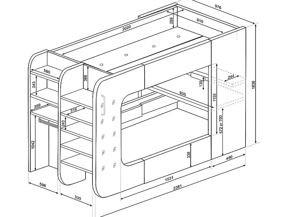 Lit mezzanine gamer 90 x 200 cm - Avec bureau et rangements - Avec LEDs - Anthracite et rouge - WARRIOR