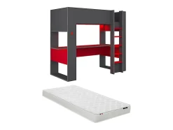 Lit mezzanine gamer NOAH avec bureau et rangements intégrés - 90 x 200 cm - Avec LEDs - Anthracite et rouge + matelas