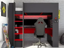 Lit mezzanine gamer NOAH avec bureau et rangements intégrés - 90 x 200 cm - Avec LEDs - Anthracite et rouge + matelas