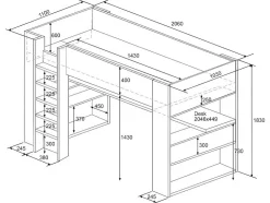 Lit mezzanine gamer NOAH avec bureau et rangements intégrés - 90 x 200 cm - Avec LEDs - Anthracite et rouge