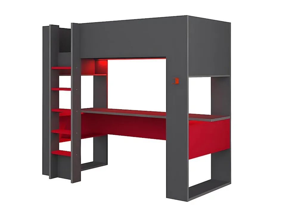 Lit mezzanine gamer NOAH avec bureau et rangements intégrés - 90 x 200 cm - Avec LEDs - Anthracite et rouge