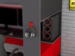 Lit mezzanine gamer NOAH avec bureau et rangements intégrés - 90 x 200 cm - Avec LEDs - Anthracite et rouge