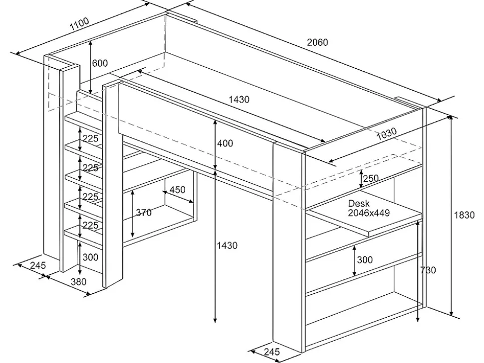 Lit mezzanine gamer NOAH avec bureau et rangements intégrés - 90 x 200 cm - Avec LEDs - Anthracite et rouge