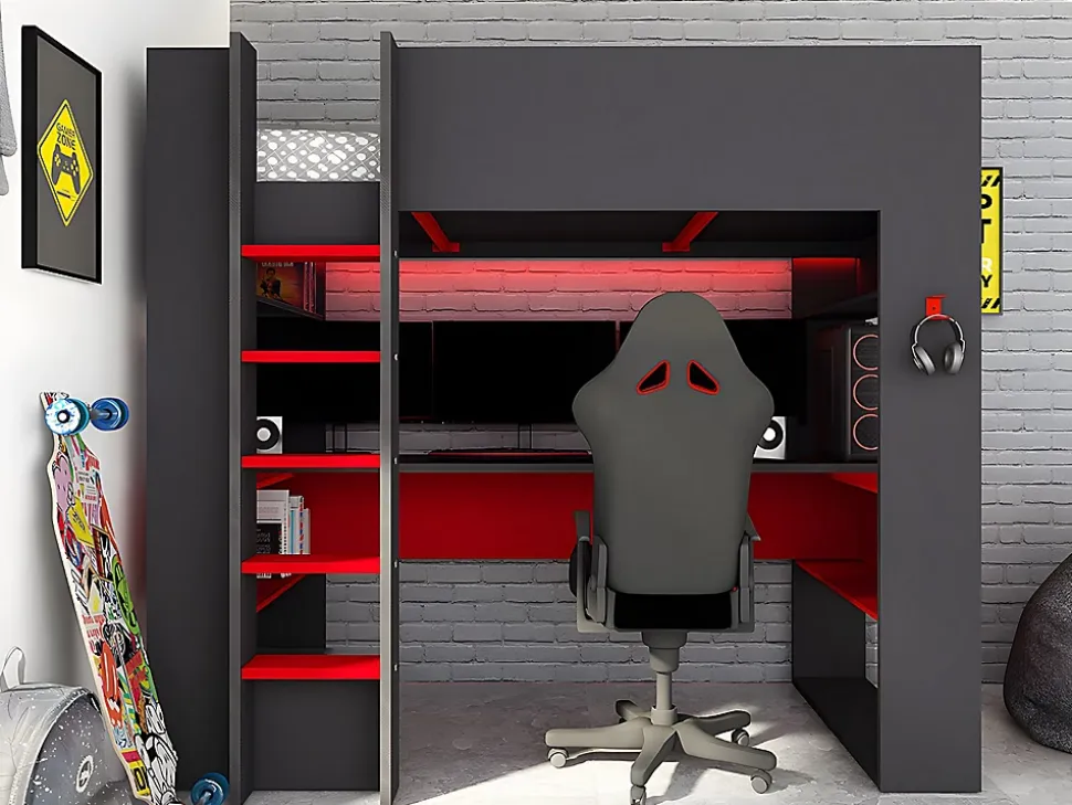 Lit mezzanine gamer NOAH avec bureau et rangements intégrés - 90 x 200 cm - Avec LEDs - Anthracite et rouge