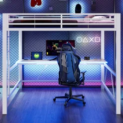 Lit mezzanine gaming en métal 160x200cm - avec bureau - avec éclairage LED et port de chargement USB - Blanc(sans matelas)